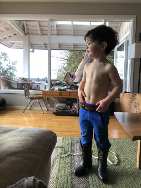 Luca shows off his new boots and name belt