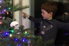 Emmett places an ornament on their tree